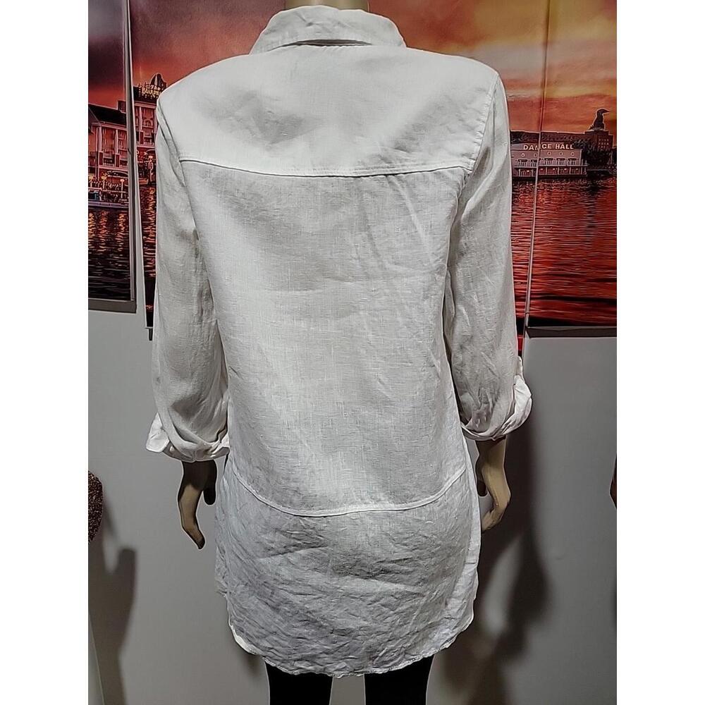 Tahari 100% Linen White Size M Roll-tab Sleeves Button Down Shirt Tunic Top #C - Picture 6 of 12